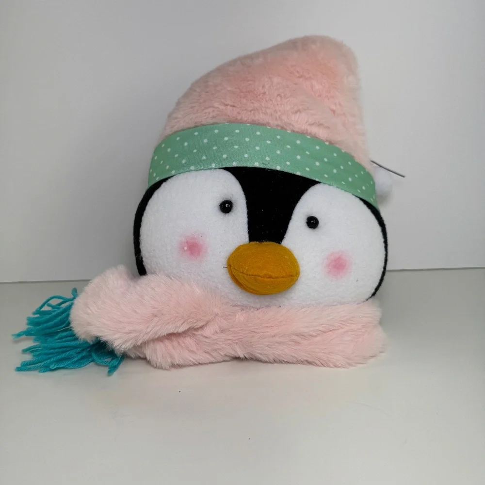 22” Plush Penguin Head Wreath Accent Pink Mint Green Wired Hat Scarf Pre-Wired